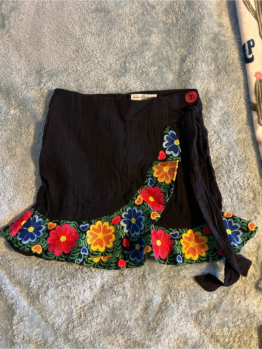 Black Embroidered Floral Wrap Mini Skirt